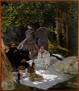 Morgenmad på græs Fragment. Venstre del. Højre side: repræsentation fra venstre mod højre af Gustave Courbet, Camille Doncieux og Frederic Bazille (stående i midten). Maleri af Claude Monet (1840-1926) 1865-1866 søn. 2,48x2,17 m Paris, musee d