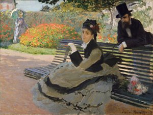 Camille Monet på en havebænk af Claude Monet