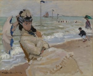 Camille på stranden i Trouville af Claude Monet