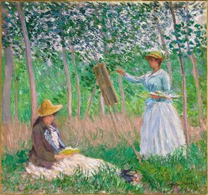 I skoven ved Giverny- Blanche Hoschedé ved hendes staffeli med Suzanne Hoschedé Reading af Claude Monet