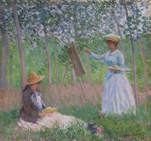 I skoven ved Giverny: Blanche Hoschedé ved sit staffeli, mens Suzanne Hoschedé læser af Claude Monet