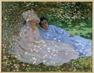 Fru Monet og en ven i haven. To kvinder sidder i skyggen af et træ. Maleri af Claude Monet (1840-1926) af Claude Monet