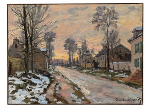 Vej til Louveciennes, smeltende sne, solnedgang, ca. 1869-70 af Claude Monet