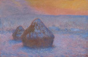Stabler af hvede solnedgang, sneeffekt, 189091. af Claude Monet