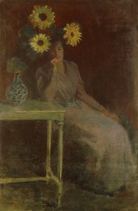Suzanne med solsikker; Suzanne med Solene, ca. 1889 af Claude Monet