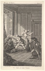 En mand krøllet sammen i en stol ser mod en anden mand, der nærmer sig ham fra venstre i..., ca. 1784.