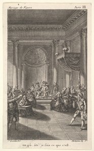 En mand, der sidder i en stol på et trappetrin, holder et publikum, to pegende mænd står..., ca. 1784.