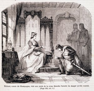 Thibaut, greve af Champagne, kom til fødderne af dronning Blanche af Castilien for at advare hende om den fare, hun løb - i "Paris gennem århundredet" af de Genouillac af Claude Sauvageot