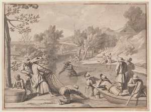 August: Fiskeri, ca. 1700 (blæk) af Claude Simpol