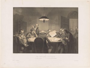 Læser mænd omkring et bord Les profonds politiques / De dybe politikere / Die vollendeten Staatsmanner (titel på objekt) Humoristiske optrædener (serietitel) Gallery pour rire (serietitel på objekt) af Claude Thielley
