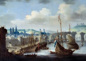 Udsigt over byen Rouen Skibene ligger fortøjet på bredden af Seinen. Maleri af Claude de Jongh