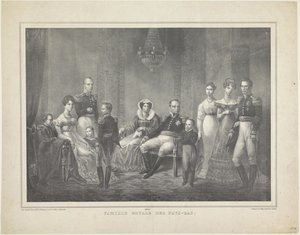 Familieportræt af William I Frederik, konge af Holland, Wilhelmina af Preussen, deres sønner med hustruer, deres datter og fire børnebørn af Claudio Linati