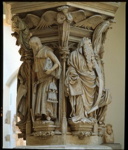 Well of Moses - skulptur anerkendt som mesterværket af den hollandske kunstner Claus Sluter (1340-1405/6) - flamsk gotisk kunst: piedestal med repræsentationer af Daniel, Zaccharie, Esajas (til venstre), Moses (til højre), Jeremie og David af Claus Sluter 