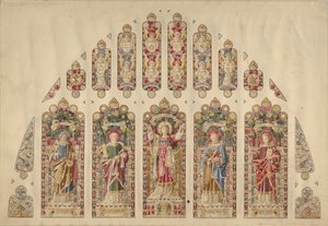 Design til et farvet glasvindue med flere ruder, Church of the Divine Paternity, New York, ca.1898. af Clayton and Bell