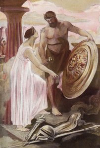 Achilleus-skjoldet skabt af Vulcan. Illustration af Clement Gontier (1876-1918) til Homeres "Iliaden" (Omero). Paris, Henri Laurens
