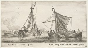 Forskellige skibe og udsigter over Amsterdam (Verscheÿde Schepen en Gesichten van Amstelredam), del II: En frisisk tørvepram. Dÿnop, nær Veensche Tørvedammen af Clement de Jonghe