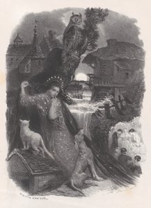 Nat, vignet af pige i 1700-talsdragt, der plukker roser på verso, ca. 1830-65. af Célestin Nanteuil