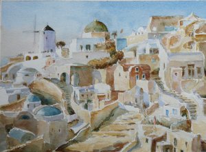 Santorini Oia – Sen eftermiddagssol, 2022 (akvarel)
