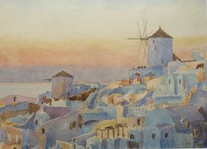 Santorini Oia – Solnedgang, Oplysningstid, 2019 (akvarel)