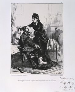 Fransk-preussisk krig 1870-1871: En såret soldat bliver plejet og næret. Fra en serie litografier af Clement August Andrieux om Gardes Nationales.