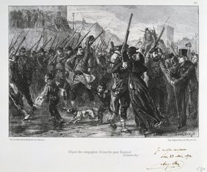 Den fransk-preussiske krig 1870-1871: Slaget ved Buzenval (Valerien-bjerget) nær Versailles 19. januar 1871. Garde National marcherer til slaget og nederlaget. Fra en serie litografier af Clement August Andrieux om Gardes Nationales.