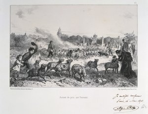 Fransk-preussisk krig 1870-1871: At drive en flok får væk for at nægte dem at falde i hænderne på preusserne. Fra en serie litografier af Clement August Andrieux om Gardes Nationales. af Clément Auguste Andrieux