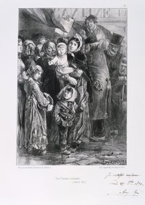 Fransk-preussisk krig 1870-1871. Belejring af Paris 19. sept. 1870-28. jan. 1871. Et nationalt suppekøkken i Paris, januar 1871. Fra en serie litografier af Clement August Andrieux om Gardes Nationales. Fødevaremangel Sult af Clément Auguste Andrieux