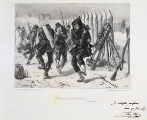 Den fransk-preussiske krig 1870-1871. Belejringen af Paris 19. september 1870-28. januar 1871. Soldater på voldene hopper rundt for at holde varmen. Fra en serie af litografier af Clement August Andrieux på Gardes Nationales.