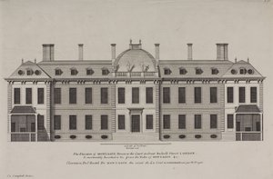Forhøjning af Montague House mod retten i Great Russell Street, Holborn, ca. 1725 (stik) af Colen Campbell
