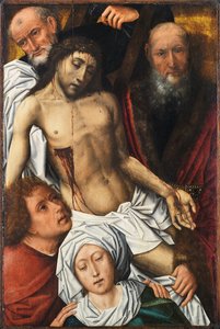 Nedstigningen fra korset - Maleri af Colijn De Coter (omkring 1440 eller 1445-1522 eller 1532), olie på træ, omkring 1500, 98x65 cm - Nedstigningen fra korset, Olie på træ af Colijn De Coter - Museo de Bellas Artes de Bilbao