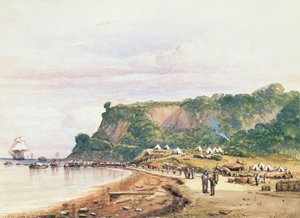 Landgang af de britiske og franske tropper i Varua ved Sortehavet fra H.M.S.Bellerophon den 17. juli 1854 i Krimkrigen (akvarel) af Colonel Ben Hallewell