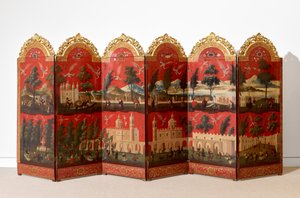 Biombo with Views of Mexico City (olie på rød maki-e-lak på panel, med forgyldt træmontering og linnedbagside)