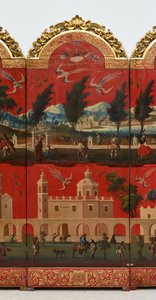 Biombo with Views of Mexico City (olie på rød maki-e-lak på panel, med forgyldt træmontering og linnedbagside)