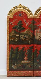 Biombo with Views of Mexico City (olie på rød maki-e-lak på panel, med forgyldt træmontering og linnedbagside)