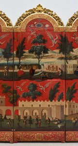 Biombo with Views of Mexico City (olie på rød maki-e-lak på panel, med forgyldt træmontering og linnedbagside)