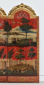 Biombo with Views of Mexico City (olie på rød maki-e-lak på panel, med forgyldt træmontering og linnedbagside)