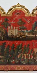 Biombo with Views of Mexico City (olie på rød maki-e-lak på panel, med forgyldt træmontering og linnedbagside)