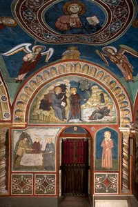 Forskellige episoder af Saint Benoits liv: i centrum "The miracle of Saint Placide"" Saint Benoit of Nursie redder, takket være Saint Maurs første discipels indgriben, den unge Placide fanget i en søstrøm. Nedenfor er miraklet af Consolo