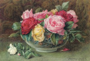 Stilleben med en skål med lyserøde, gule og røde roser, 1883 af Constance Lawson
