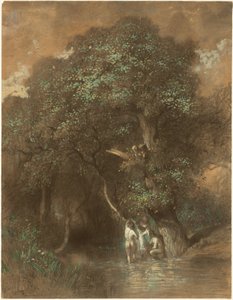 Badegæster ved en kæmpe eg, ca. 1842-1844 (kul på papir)