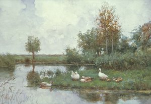 Ænder i et flodlandskab (olie på lærred) af Constant Artz