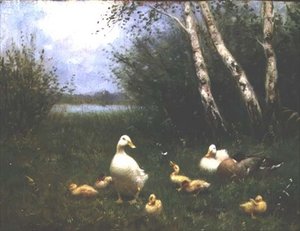 Ænder med ællinger (olie på lærred) af Constant Artz