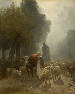 Går på marked på en tåget morgen, 1851 af Constant Emile Troyon