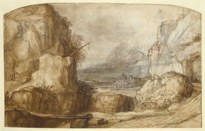 Bjerget landskab (pen, brunt blæk, pensel og kridt på papir) af Constantin Daniel van Renesse