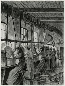 Et kvindeværksted ved glasvarer i Val Saint Lambert. Gravering af C.Meunier til illustration af historien ""La Belgique"", af Camille Lemonnier (1844-1913), forfatter og kunstkritiker. af Constantin Emile Meunier
