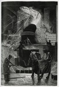 Støbning af stål på cockerill-virksomhederne i Seraing. Gravering af C.Meunier til illustration af historien ""La Belgique"", af Camille Lemonnier (1844-1913), forfatter og kunstkritiker. af Constantin Emile Meunier