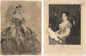 Ved Ballet (rekto); Kvinden med en fan, efter Goya (verso) af Constantin Guys