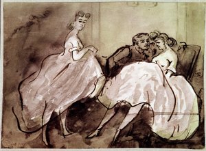 To prostituerede og en forførelse Scene-klient på et bordel. Tegning af Constantin Guys (1805-1892) Paris fra det 19. århundrede, Musee Carnavalet af Constantin Guys