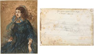 Kvinde i en blå kjole (recto); Krigslejrplads (verso) af Constantin Guys
