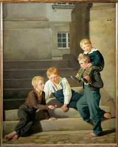 Drenge spiller terninger foran Christiansborg Slot i København (maleri på lærred) af Constantin Hansen
